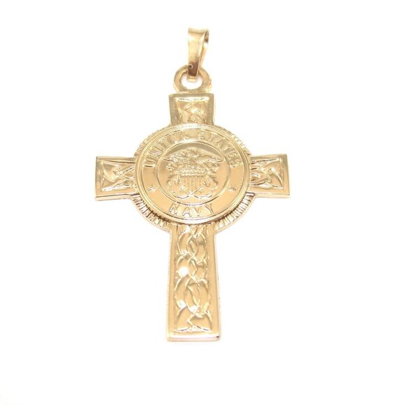 14K Yellow Gold United States Navy Celtic Cross Pendant